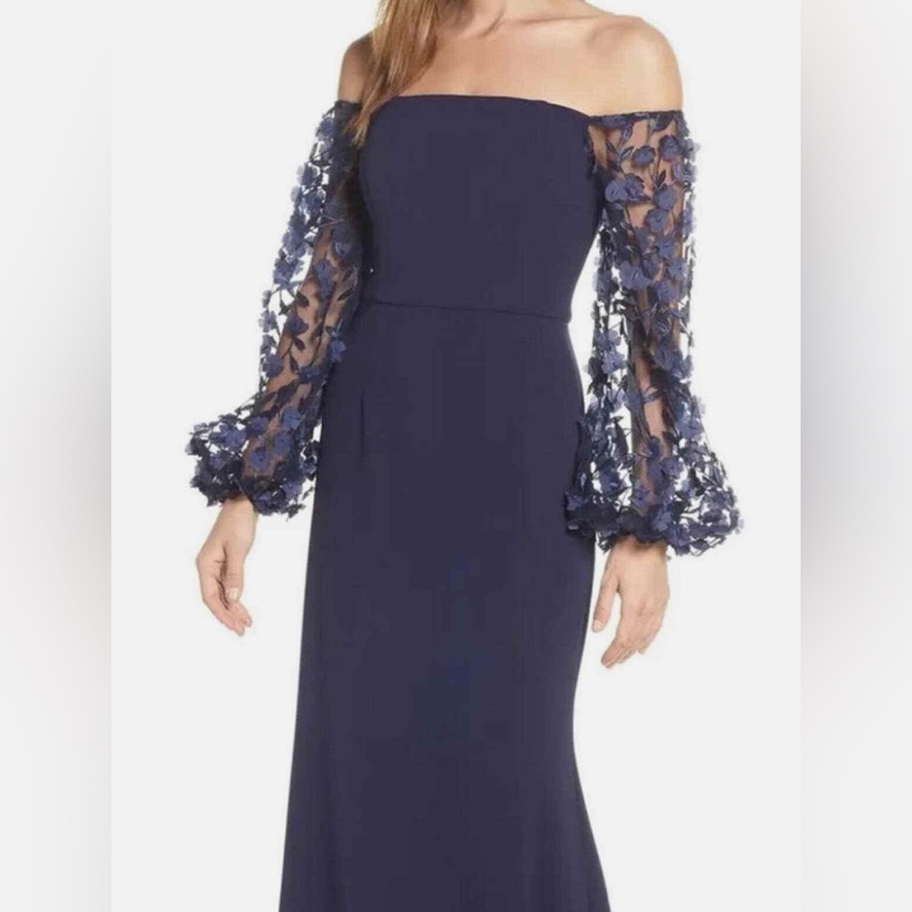 Eliza J Off Shoulder Navy Dress with 3D Floral Sleeves Gown MOB MOG - Picture 3 of 10